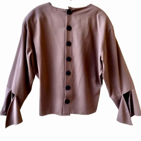 Krizia Italy Vintage Brown WOOL Lined Top Flounce Cuffs Button up Back - Picture 13 of 13